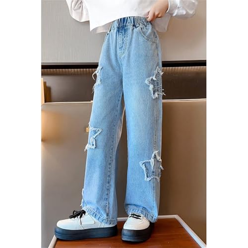 Girls Star Print Distressed Denim Pants Elastic Waist Baggy Wide Leg Jeans Ripped Causal Straight Denim Trousers4