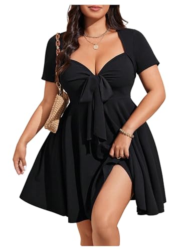 SOLY HUX Women's Plus Size Bow Tie Short Sleeve Summer Short Dress Cocktail Beach Wedding Dresses...