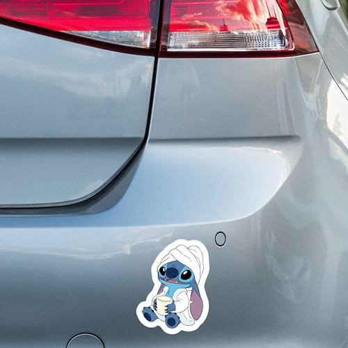 Image of Disney Lilo and Stitch with Coffee Cup Adhesive Vinyl Decal - Fun Morning Stitch Sticker for Car
