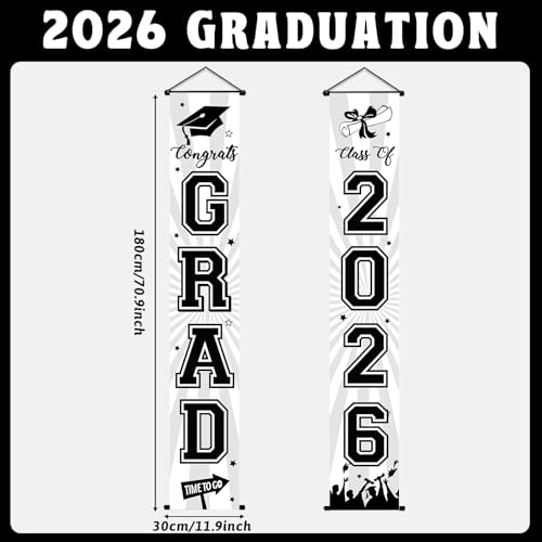 Image of Graduation Banner 2026 Graduation Decorations Black and White Grad Banner Porch Sign Class of 2026 Door Decor Congrats Hanging Backdrop Black White Grad Party Decor for School Congratulations Supplies