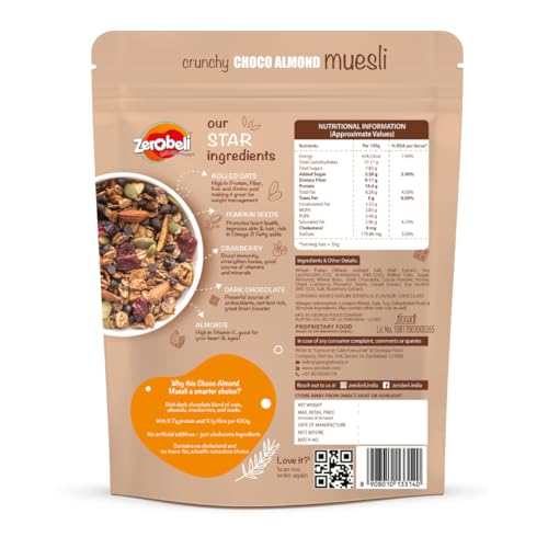 Image of Zerobeli Dark Chocolate Almond Muesli 425g (Pack of 3) Cereals for breakfast rich in Multigrain, protein, fibre Almonds, Pumpkin Seeds and Cranberry|100% Wholegrain | Rich in Antioxidants