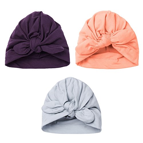 Image of TiaoBug Set of 3 Newborn Baby Cotton Turban Knot Cap Rabbit Nursery Beanie Hospital Hat Headwrap Headwear Photography B Type (Purple, Coral Pink, Gray) One Size