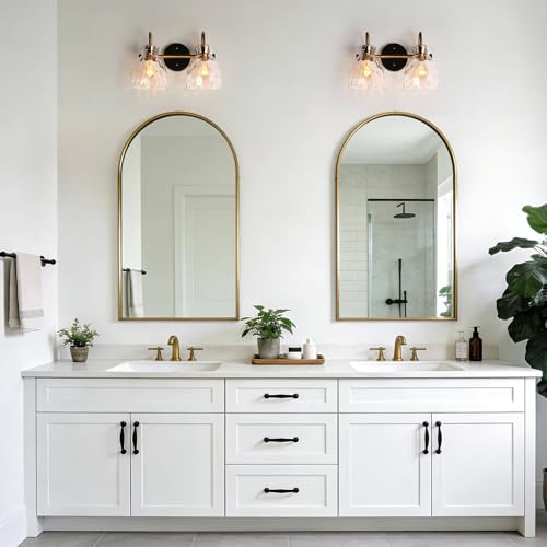 Image of KSANA Modern Bathroom Vanity Lights, 2 Light Vanity Light Fixtures for Bathroom Black and Electroplated Brass Finish Mid-Century Wall Lamps with Water Ripple Glass