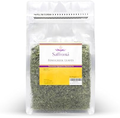 Saffronia Premium Dried Fenugreek Leaves (Kasoori Methi- Kasuri Methi) - All Natural and Aromatic- Gluten Free, Non-GMO - Good for Mexican, Indian, Mediterranean, Asian Cuisine | Ideal for Marinate, Salad and Pizza | 6 Oz (Pack of 1) Resealable Bag