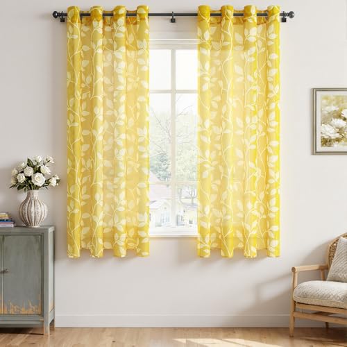 CUTEWIND Rideau Voilage Voile Jaune Rideau Chambre 2 Pièces à Oeillets 140x160 cm (L x H), Rideau Court Transparent Moderne avec Motif Feuilles Blanches pour...