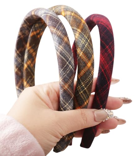 YARN & INK 3 Pcs Womens Thin Plaid Pattern Fabric Headbands Non Slip Fashion Headband Hair Accessories Vintage for Women Girls (Plaid Fabric)