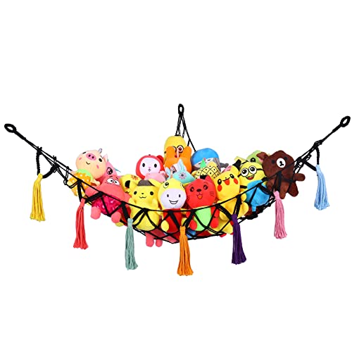 Image of Porsuluola Stuffed Animal Hammock, Net for Stuffed Animals, Jumbo Toy Hammock for Stuff Animals Plush Toy Storage Hanging Pet Net Large Boho Corner Teddy Bear Net for Kids(Black Colorful Tassel)