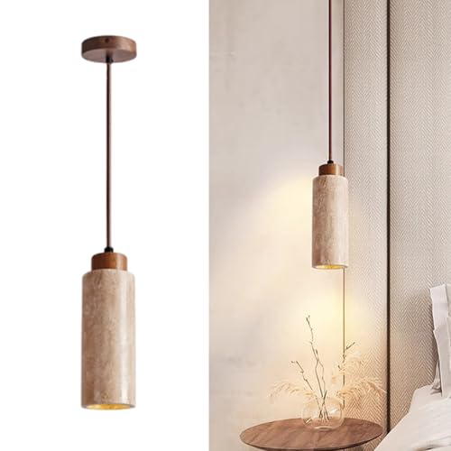 Kikioo Lámpara colgante japonesa Wabi-Sabi de travertino, rectangular/cilíndrica, de mármol amarillo, lámpara de mesa de comedor, lámpara colgante nórdica para mesita de noche, lámpara colgante para p