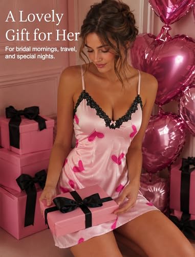 Image of Girece Sexy Night Gowns for Woman Silk Nightgown Lace Trim Sleep Dress Babydoll Lingerie Satin Nighty Negligee