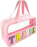 Bunliuys Chenille Letter Clear Makeup Bag Travel Patch, Travel Toiletry Makeup Bag with Handle, Nylon Waterproof Makeup Bags clear cosmetic bag, preppy patch makeup bag for Women (TRAVEL-Pink)