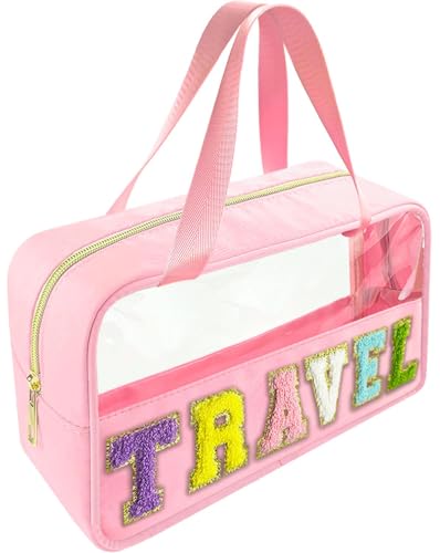 Bunliuys Chenille Letter Clear Makeup Bag Travel Patch, Travel Toiletry Makeup Bag with Handle, Nylon Waterproof Makeup Bags clear cosmetic bag, preppy patch makeup bag for Women (TRAVEL-Pink)