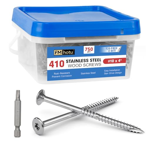 Image of #10 x 4 Stainless Steel Deck Screws, 750Pcs 410 Grade Stainless Steel | T25 Star Bit Deck Screws,Rust Resistant Timber Screws for Log Landscaping Wood