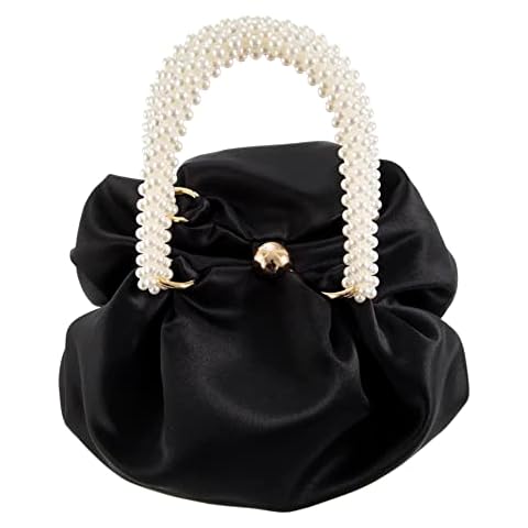 YUSHINY Women Faux Pearl Beaded Handle Evening Bag Silk-like Handbag for Wedding Party, Black Cover
