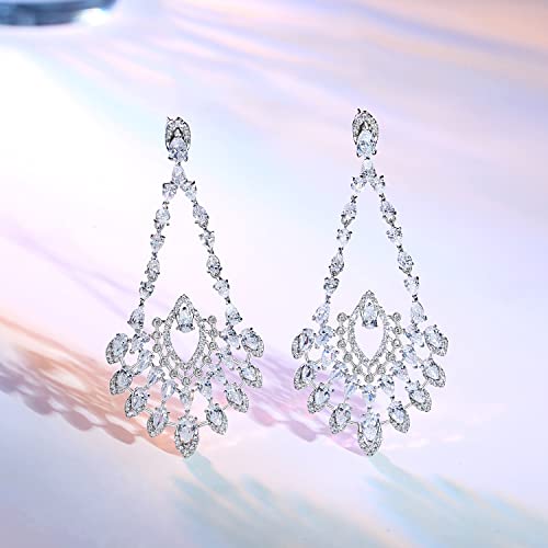 Frwiskp Wedding Earrings for Brides,18K White Gold Plated Sterling Silver Post Cubic Zirconia Dangle Earrings, Hypoallergenic Chandelier Earrings for Women — view 3