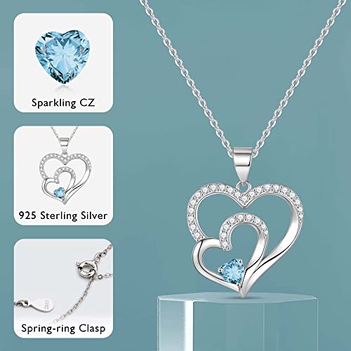 Sterling Silver Heart Necklaces For Women Girls Gifts, Blue Aquamarine March Birthstone Necklace Womens Jewelry Mothers Day Gifts Christmas Birthday Valentines Gifts For Her Wife Women Mom Girlfriend #TOP1