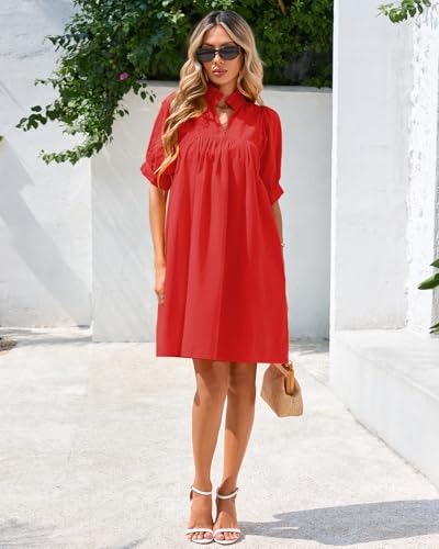 Image of YEXPINE Women's Ruffle Collar High Neck Mini Dress Puff Short Sleeve Cotton Babydoll Peplum Dresses with Pockets