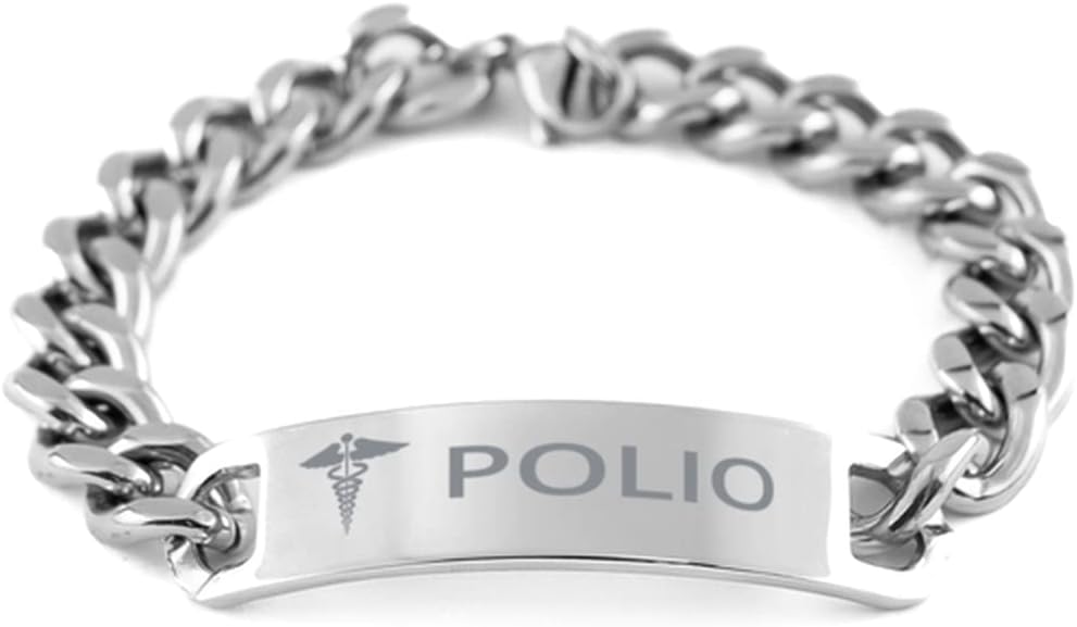 Medical Cuban Chain Stainless Steel Bracelet, Polio Awareness, Medical Symbol, SOS Emergency Health Life Alert ID Engraved Stainless Steel Silver Jewelry Adjustable Bracelet For Men Women Teen