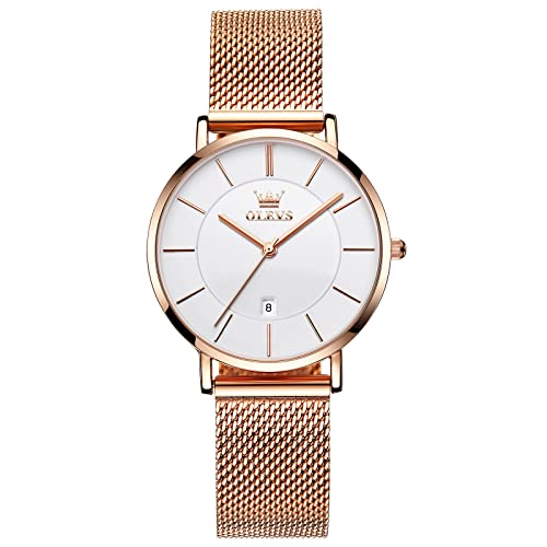 OLEVS Rose Gold Watches for Women Large Face Minimalist Ladies Watch with Date Slim Mesh Band Dress Womens Watches for Small Wrists Waterproof Casual White Women's Wristwatch Reloj para Mujer