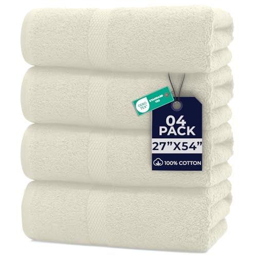 Image of DAN RIVER Bath Towels Set of 4, 27 x 54 Inches, 100% Cotton, Larger & Lighter Weight, Quicker to Dry, Super Soft and Absorbent, Ideal Quick Dry Bath Towels for Daily Use, Ivory