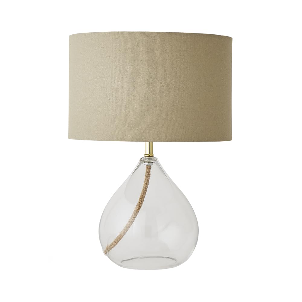 Eloise Natural Linen Drum Shade Table Lamp - Clear Glass Teardrop Base - LED Bulb Included - ValueLights