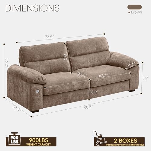 Image of Ihanherry 72 inch Modern Sofa for Living Room, Deep Seat Chenille Loveseat with Fast Charging Port & Removable Washable Cushions, Pillow-Armrest Couch for Small Space /Apartment, Sturdy Frame, Brown