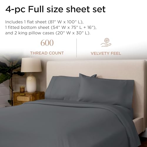Image of Threadmill 100% Cotton Sheets for Full Size Bed - 600 Thread Count Full Bed Sheets Set with 16 inch Deep Pocket - Sateen Weave 4-Piece Bedding Set with Cooling Effect, Dark Grey