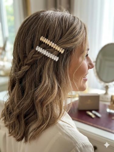 Image of Pearl & Crystal Hair Clips Set for Women, Elegant Rhinestone Barrettes, Stylish Hair Pins for Party, Wedding, Daily Wear - Pack of 2