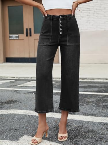 Genleck Women's Wide Leg Jeans – Trendy Cropped Loose Jeans High Waisted Stretchy Capri Denim Pants Baggy Trousers 2025 Black — view 2