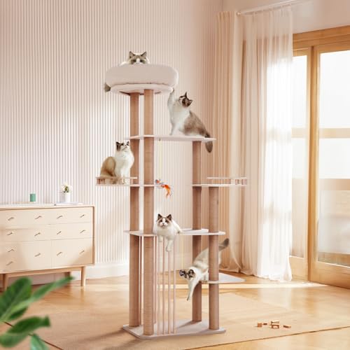 Choc chick Wood Cat Tree for Indoor Cats Large Adult, 68 Inches Tall Multi Level Cat Tower with Scratching Post Sisal-Covered, Modern Cat Tree Plush Cattery Chirping Bird Cat Toy