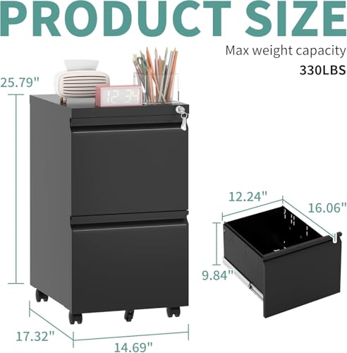 Image of Guizeeopo 2 Drawer Locking File Cabinet, Fully Assembled Heavy-Duty Metal Filing Cabinets for Home Office, Quiet Slides, Anti-Tipping Wheels, Fits A4 /Letter /Legal, Matte Black