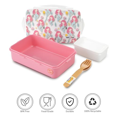 Image of Nayasa Camp 2 Compartment BPA-Free Plastic Lunch Box for Kids Girls | Mermaid Print | Leak Proof Clip Lock | Pink