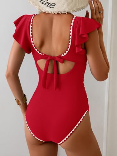 Image of Aidonger Women's One Piece Ruffle Swimsuit Tummy Control Bathing Suit V Neck Shell Stitched Swim Suit Slimming Swimwear
