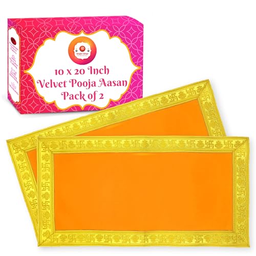 Image of Bhakti Lehar (10 x 20 Inch) Plain Orange Velvet Pooja Aasan for God Idol /Chowki Aasan Kapda Cloth for Temple Shelf Home Mandir, Ganesh Baithak and God Idol Sitting - Pack of 2