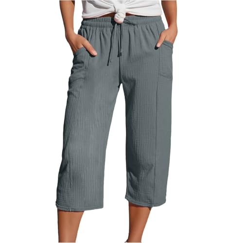 Capris Pants for Women Cotton Linen Casual Summer 2025 Wide Leg Loose Comfy Drawstring Elastic Waist Cropped Trousers A03-Grey S