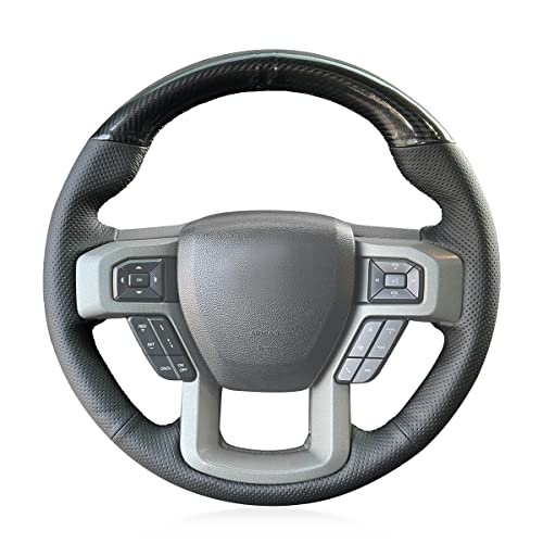 MEWANT Hand Stitch Black Genuine Leather Shiny PU Carbon Fiber Steering Wheel Wrap for Ford F-150 Raptor 2015-2020