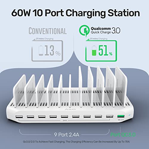 60W Multi Charger Station - 10 Port USB Charger Organizer with Overcurrent Short Circuit Protection and Intelligent Hibernation Technology Fast Charging Dock for iPhone Apple Watch Ipad Samsung