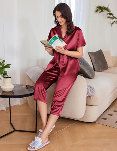Image of Ekouaer Womens Satin Pajamas Silk Capri Pjs 2 Piece Lounge Sets Short Sleeve Button Down Sleepwear