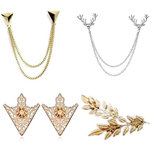 YouU 4 Pcs Deer Head Double Link Chains, Gold Stud, Retro Hollow Pattern and Angle Triangle Tassels Collar Pins Brooch Clip Pin Brooches Shirt Collar Decoration Parts with Free Box