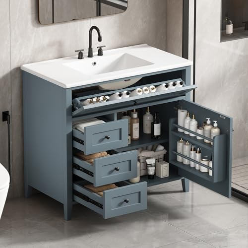 Image of 36 inch Bathroom Vanities with Top Set, Cabinet with Multi-Functional Tip-Out Drawer and Adjustable Shelf, Soft-Closing Door, Solid Wood Legs, Blue Gray