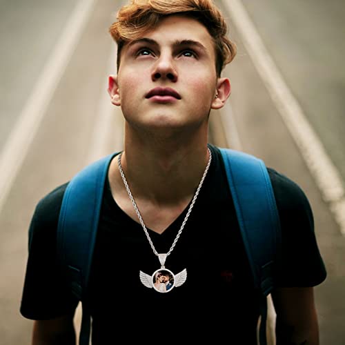 INBLUE Personalized Hip Hop Memory Photo Necklace Pendant Custom Engraved Text for Men Women Copper Iced Out Angel Wing Round & Heart Charm Medal Rope Chain Jewelry Gift3