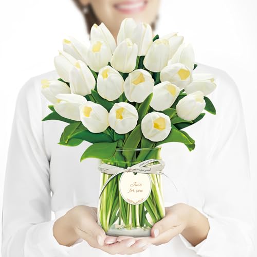 Airpark Pop Up Flower Card, 3D Paper Flowers Bouquet, Birthday, Spring Celebration, Sympathy, Thank You, Get Well Greeting Cards with Note Card & Envelope, White Tulips