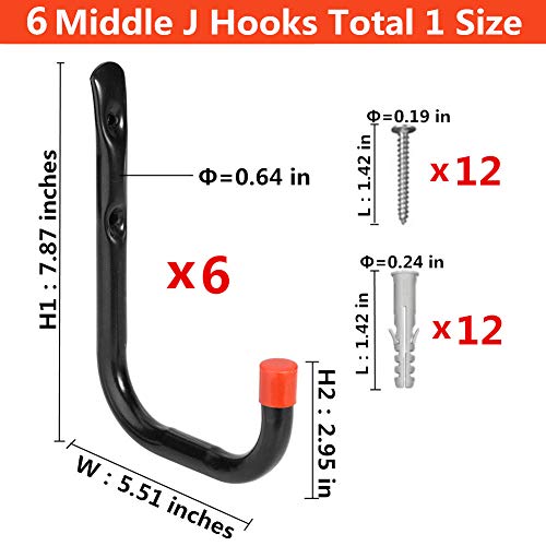 Yisunnan Heavy Duty Garage Hooks Organizer Wall Mount Hanging Storage Utility Hangers For Ladders, Bike And Tools (6 Pcs Black 5.5" Medium J Hook) #TOP1