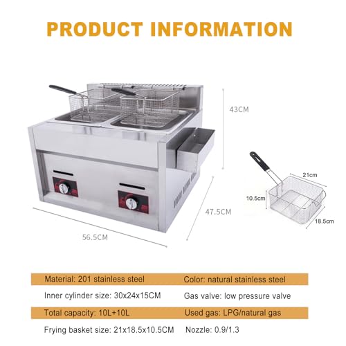Freidora de gas comercial para encimera, freidora industrial de acero inoxidable con cesta y tapa para restaurantes y bares de aperitivos