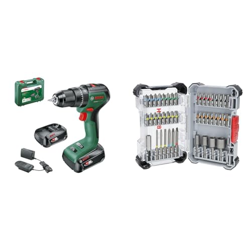 Bosch Home and Garden Akku Schlagbohrschrauber UniversalImpact 18V-60 (2 Akku, 18 Volt System, im Koffer) + 43x Extra Hard Schrauberbit-Set, 43‑tlg. (197 x 110,5 mm, Professional Zubehör)