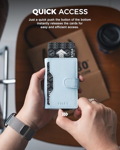 Image of VULKIT Slim Bifold Pop up Wallet Minimalist Leather Card Holder RFID Blocking Metal Card Case with ID Window for Women | with Leather Slots