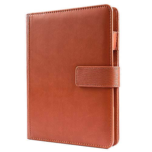 A5 Binder Journal Refillable 6 Round Ring Notebook Leather Loose Leaf Binder Spiral Diary Agenda Magnetic Snap Closure Brown