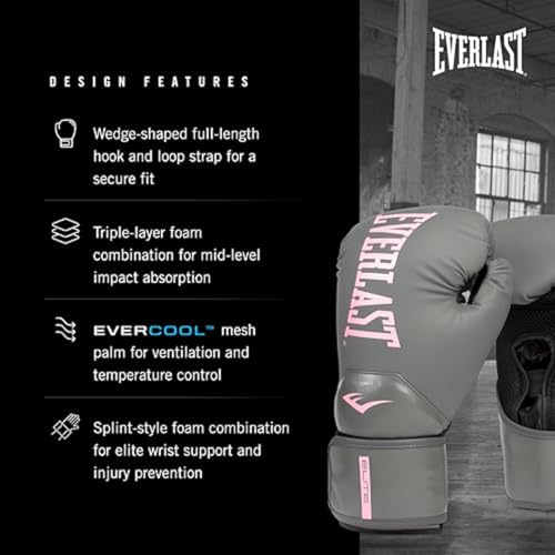 Image of Everlast Elite 2 Womens Boxing Gloves | Vegan Leather Boxing Gloves for Women and Children & Ventilation | Cardio, Speedbag, and Heavy Bag Training Gloves (12 oz, Grey and Pink)