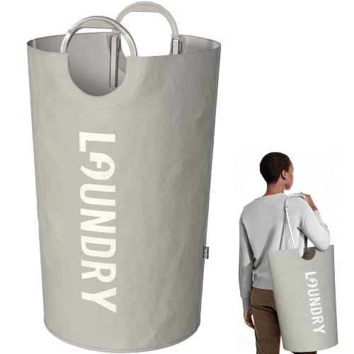 Image of 130L Laundry Basket with Tech Handle, 2in1 Dirty Clothes Hamper Light Grey | Hand & Shoulder Carry, Collapsible Foldable Bin, ABS Handle, 600D Oxford Fabric with Waterproof PE Coating for Dorm, Bathroom