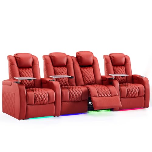 Image of Weilianda Home Theater Seating, Top Grain Leather Movie Theater Chair | Red Row of 4 Loveseat Middle, Zero Gravity, Power Headrest, Tray Table, Electric Reclining Seat for Media Room