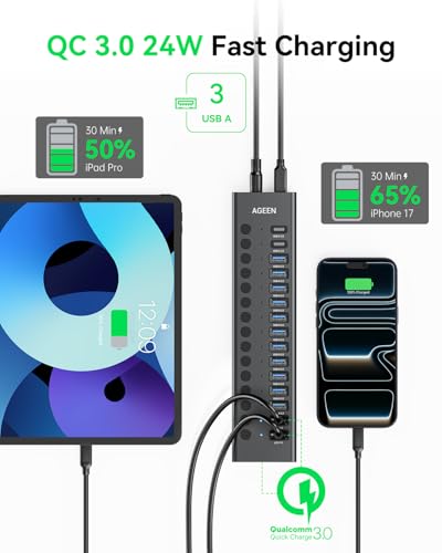 Image of AGEEN 16-Port Powered USB 3.2 Hub-10Gbps SuperSpeed Data Splitter with 2 USB-C & 11 USB-A Ports, 3 x 24W QC 3.0 Fast Charging Ports, Individual On /Off Switches, 96W Power Adapter for Laptop, PC